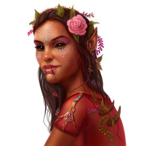 Fola Barun, a black-eyed female elf with flowers in her hair and colorful patterns painted on her face, leader of the Envoys' Alliance.