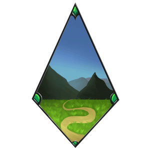 A diamond-shaped sigil depicting a path winding through a grassy field to the mountains beyond, symbol of the Horizon Hunters.