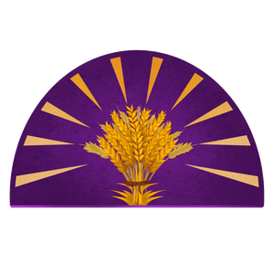 A purple half-circle bordered with golden rays emanating from a sheaf of wheat in the center, symbol of the Radiant Oath.