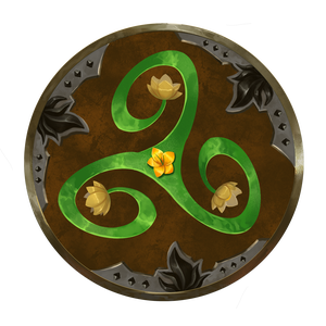 Verdant Wheel faction symbol, brown wheel with metal decorations along the edge and a three pointed vine in the middle
