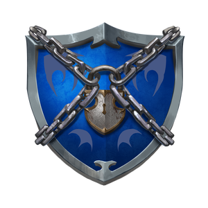 Vigilant Seal faction symbol, blue shield with chains wrapped around and logged together in center front