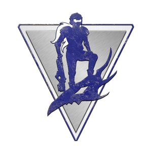 A blue silhouette of an adventurer superimposed over an inverted silver triangle, symbol of the Acquisitives.