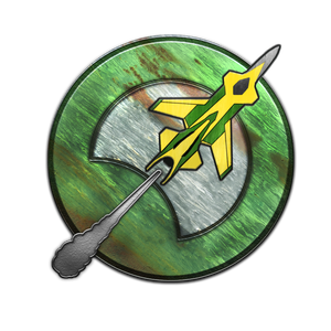 A circular green badge depicting a yellow-and-green starship taking flight, symbol of the Wayfinders.
